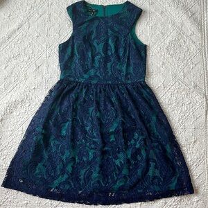 ivy + blu Blue Lace and Teal A-Line Sleeveless Skater Circle Skirt Dress Size 10